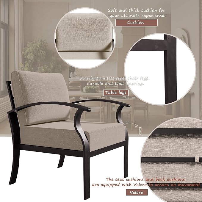 Patio Furniture Set 6-Piece Aluminum Armrest Sofa, All-Weather Patio Conversation Set with Tempered Glass Top Table & Removable Sponge Cushions for Backyard Poolside-Sand