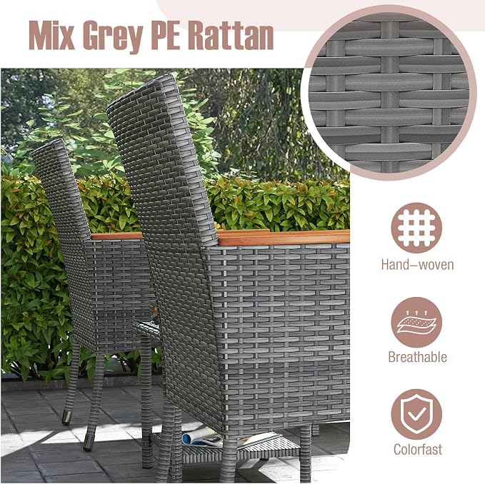 Tangkula 5 Pieces Patio Conversation Set, Outdoor PE Rattan Chairs with Soft Cushions, Ottomans & Tempered Glass Top Table, Acacia Wood Armrests, Patio Furniture Set (Mix Grey+Beige)