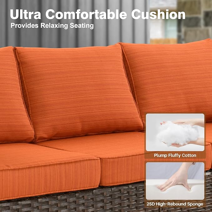 ovios 5 Pieces Patio Furniture Set, Outdoor Wicker Sofa Couch with Chairs Comfy Cushions, All Weather Brown Rattan Conversation Set for Backyard Deck Porch, Orange Red
