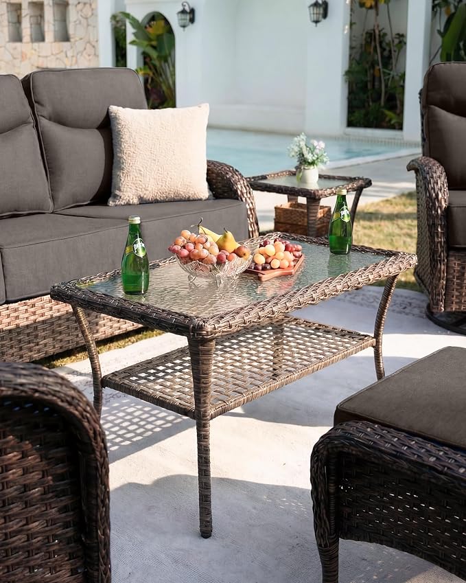 Belord Upgraded 6“ Cushion Luxury 11 Piece Patio Furniture Set - Wicker Outdoor Conversation Set with Swivel Rocker Patio Chairs, High Back Outdoor Furniture for Deck Porch Yard - Brown/Grey