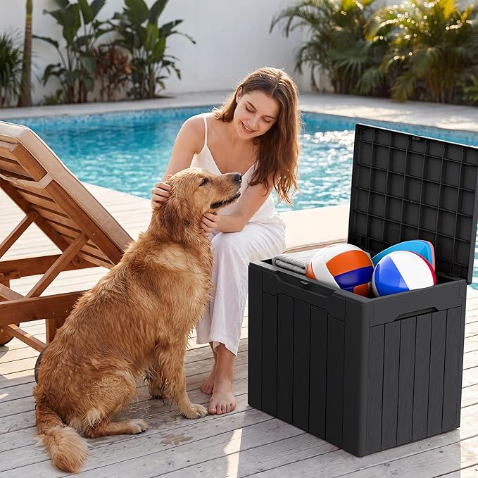 Devoko 29 Gallon Waterproof Outdoor Storage Box Resin Deck Box Lockable and UV Resistant for Patio Furniture, Garden Tools (Black, 29 Gallon)