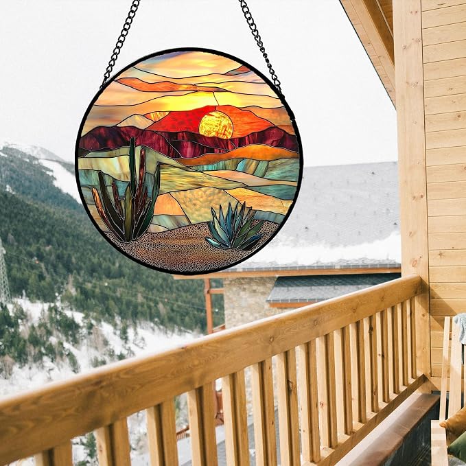 DASTOLL Stained Glass Window Hanging, Golden Landscape Dusk Sunset Suncatcher for Doors Window Home Cactus Sun Catchers Decoration Mother's Day Birthday Gifts for Women, Men, and Mom 11.8 in