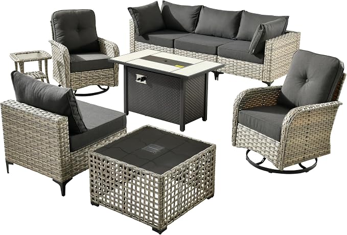 Outdoor Patio Furniture Sets,9 PCS Patio Conversation Set Outside Rattan Sectional Sofa with 42 in Fire Pit Table Wicker Rocking Chair Coffee Table Fit Backyard Porch Garden Poolside Balcony