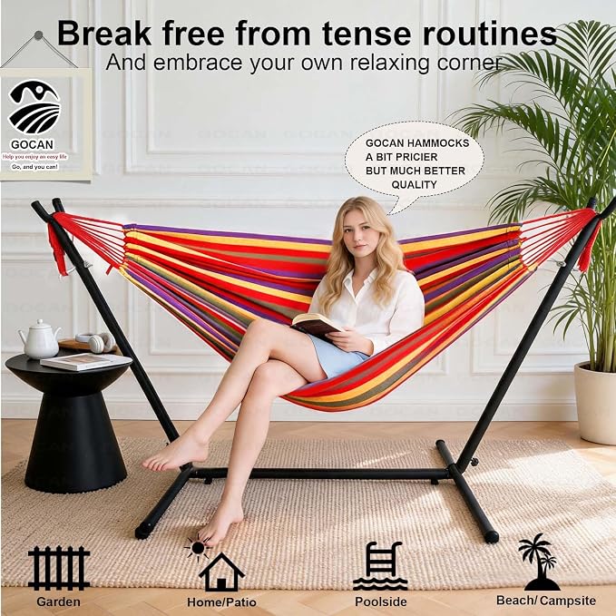 GOCAN Brazilian Double Hammock 2 Person Extra Large 220x160cm Total Length 330cm Load 500lb Canvas Cotton Hammock for Patio Porch Garden Backyard Lounging Outdoor and Indoor(Rainbow) XXL