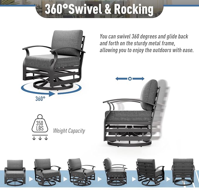 Kurapika Aluminum Patio Furniture Set 7-Seat Modern Outdoor Conversation Sets w/Swivel Rocking Chairs with Rectangular Coffee Table, Grey