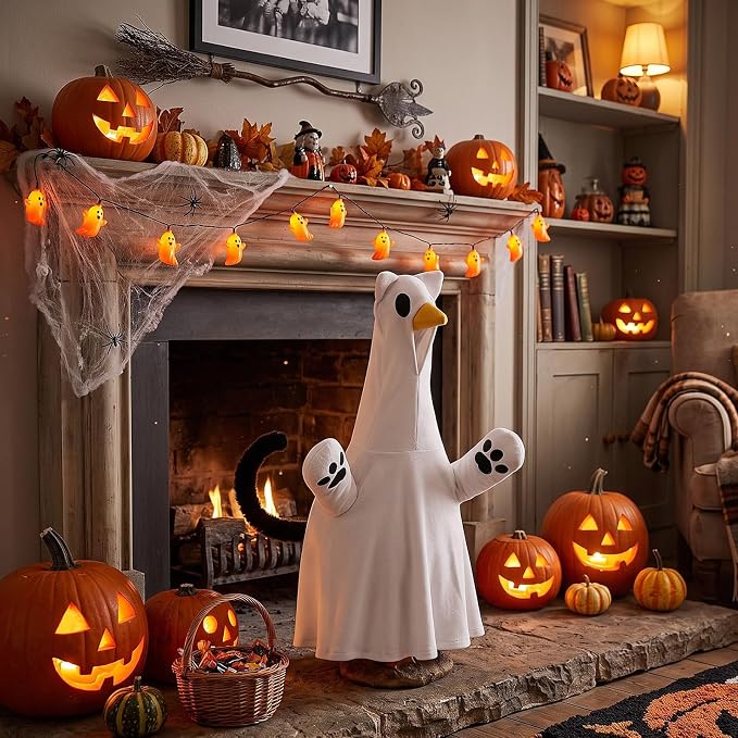 Halloween Goose Outfit Porch Cat Ghost Goose Clothes Yard Silly Lawn Duck Shirt for Autumn Halloween Party Cement Plastic Duck 23'' Porch Style
