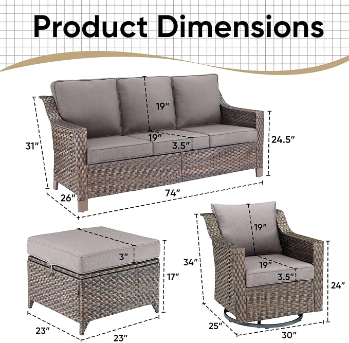 5 Pieces Patio Conversation Sets-Outdoor Furniture All Weather Wicker Couch with Swivel Glider Chair Patio Conversation Set for Porch Garden Backyard Poolside-Brown/Grey