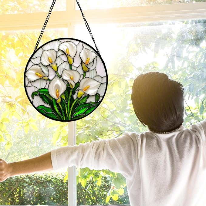 DASTOLL Stained Glass Window Hanging, White Calla Lily Suncatcher Diamond Glass Panel Hangings Flowers Sun Catchers Decor for Birthday for Women, Men, Wife, Aunt, and Mom 7.8 in