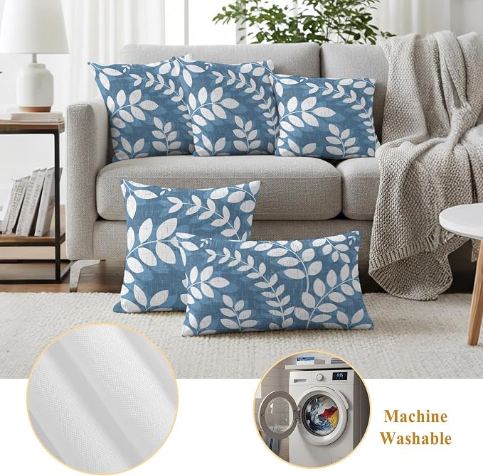 Lake Blue Leaves Outdoor Waterproof Throw Pillow Covers 24x24 Set of 2, Farmhouse Botanical Branch Vintage Boho Leaf Decorative Pillowcases Cushion Pillowcase for Couch Sofa Patio Pillow Protector