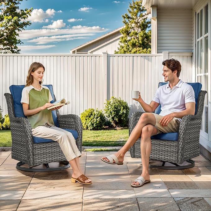 Outdoor Swivel Rocker Patio Chairs Set of 4 with Side Table - 5" Thick Cushion 6 Piece Furniture Set All Weather Comfortable Wicker Conversation Set for Porch Poolside and Deck - Gray/Blue