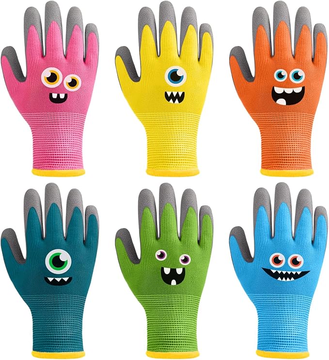 6 Pairs Kids Gardening Gloves Children Work Gloves Rubber Coated Garden Gloves for Kids Toddlers (Medium (Age 6-8)) | Rubber Leather Garden Gloves for Kids Toddlers Youth Girls Boys Child Fishing Cleaning Cooking