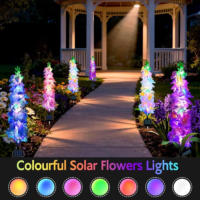 MRHEPHAESTUS Solar Garden Lights, Solar Delphinium Flowers Lights 4 Pack 80 LEDs, Waterproof Outdoor Light Two Lighting Modes for Outside Wedding Party Garden Yard Patio Lawn Decor