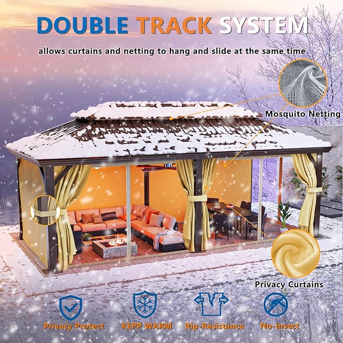 HOTEEL 12x20 Hardtop Gazebo with Metal Roof & Drainage System, Heavy Duty Galvanized Steel Gazebo with Reinforced Aluminum Frame, Privacy Curtains and Netting, for All-Weather, Brown (2026 Upgraded)