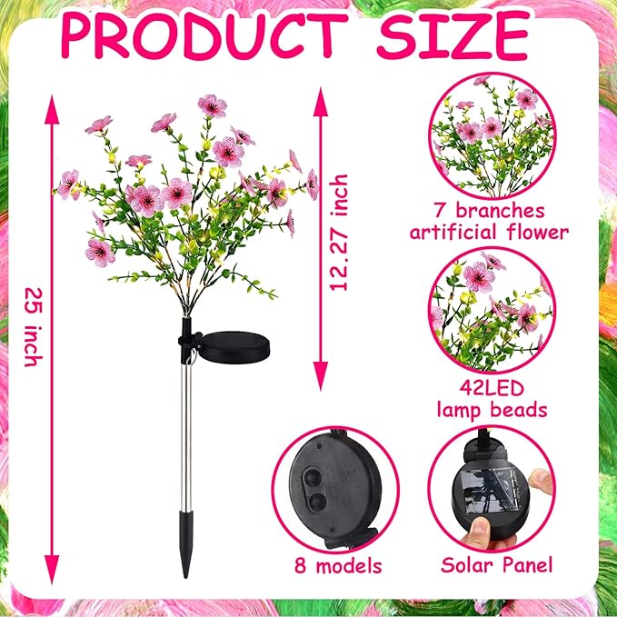 Glooglitter 2 Pack Pink Solar Stake Lights Outdoor Decor Waterproof Mums Artificial Flowers Solar Lights for Outdoor Garden Yard Pathway Decor (Violet)
