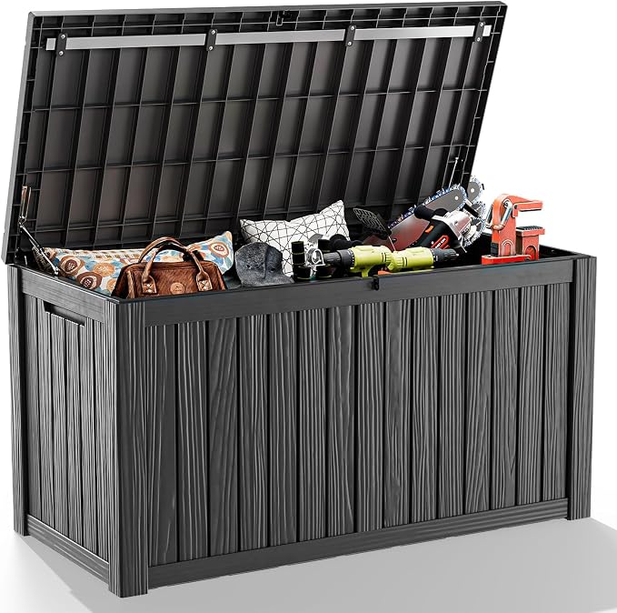 Vixzen 180 Gallon Deck Boxes Outdoor Waterproof, Large Resin Lockable Storage Box with lid for Patio Furniture Cushions, Weatherproof Outdoor Storage Boxes for Garden Tools & Pool Accessories(Black)