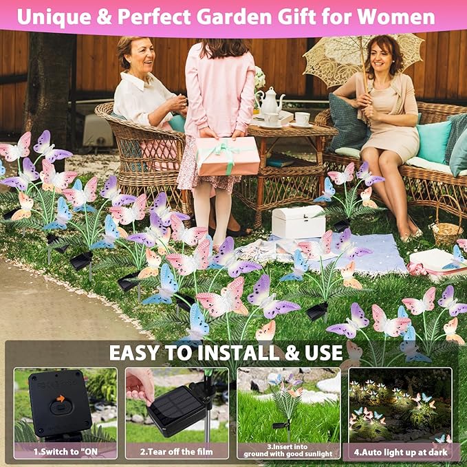 Weepong Solar Lights Outdoor Decorations Waterproof Newest Solar Garden Lights with Glowing Stems, 7-Color Changing Butterfly Flower Light for Outside Yard Pathway Garden Decor, Gift for Mother,2Pack
