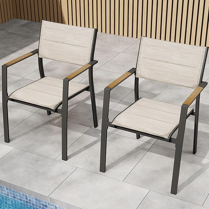 Outdoor Patio Dining Chairs Set of 2, Light Weight Aluminum Frame with Textilene Fabric & Wood-like Armrest, 275 LBS Capacity, Outdoor Stackable Chairs for Poolside Lawn Garden, Brown Armrest