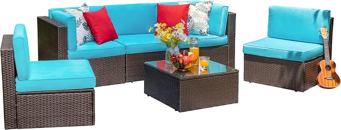 Vongrasig 6 Piece Small Patio Furniture Sets, Outdoor Sectional Sofa All Weather PE Wicker Patio Sofa Couch Garden Backyard Conversation Set with Glass Table,Blue Cushions and Red Pillows (Blue)