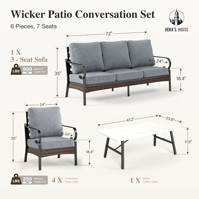 HERA'S HOUSE 6 Piece Metal Patio Furniture Set, All Weather Outdoor Conversation Set with 3-Seat Sofa, 4 Fixed Chairs & Coffee Table, 7 Seats for Backyard, Garden, Deck, Grey