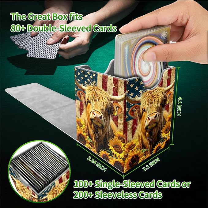 Yellow Cow Sunflower Card Deck Box for MTG, Personalized Card Storage Case Fits 120+ Sleeved Cards, Premium Leather TCG Box with Strong Magnetic Closure for Magic, CCG, PTCG, Baseball Cards