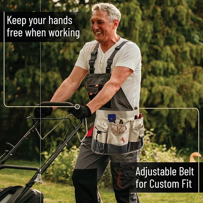 UNCO- Adjustable Gardening Belt, Beige, 7 Pockets, Wear, Cut and Water Resistant, Garden Tool Belt Pouch, Waist Apron with Pockets