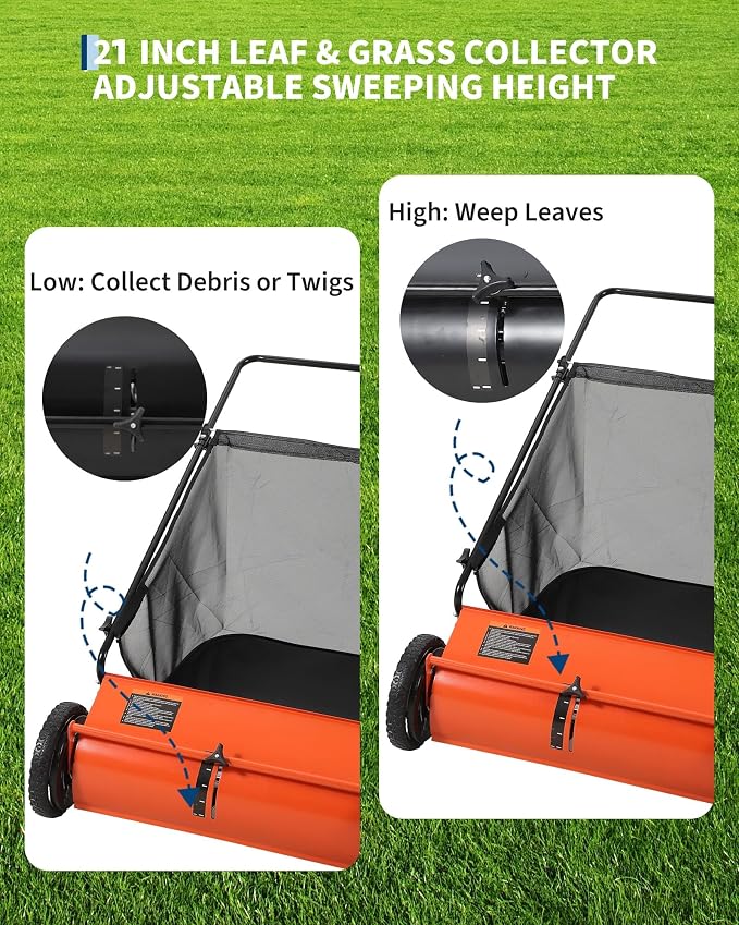 21-Inch Push Lawn Sweeper, 3.5 Cu. Ft. Hopper Capacity Leaf & Grass Collector with 4 Spinning Brushes, Adjustable Height, for Grass Clippings, Leaves & Debris, Orange