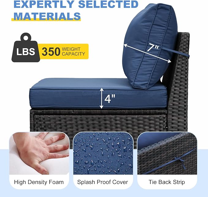 Patio Furniture Set, 8 Pieces Outdoor Couch Sofa with Wider Armrests & Glass Coffee Table, Outdoor Sectional Furniture with Thick Cushions for Party, Poolside,Garden-Navy