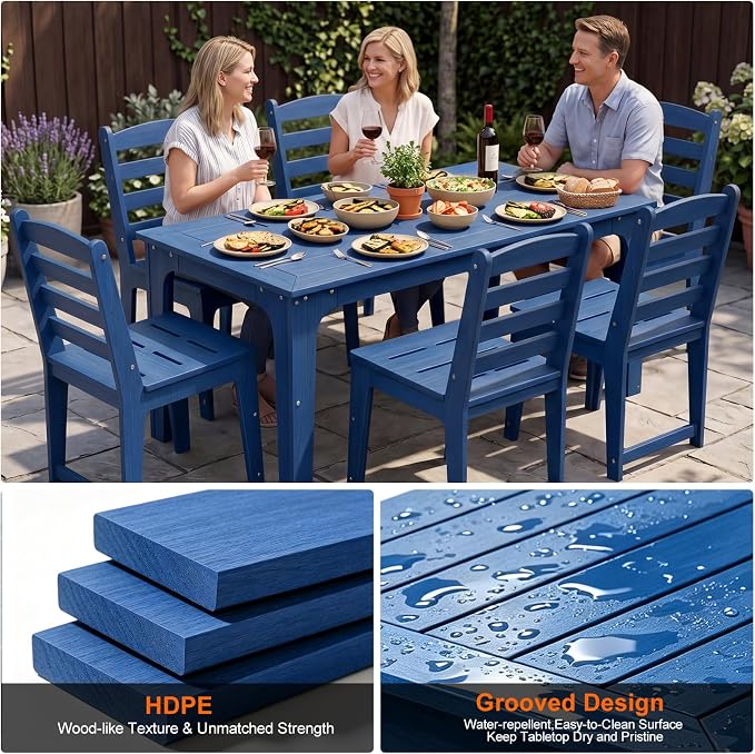 69" HDPE Rectangle Outdoor Dining Table for 6 Person, Blue | Weather-Resistant Patio Furniture with Metal Support Bars and Umbrella Hole Cut-Out for Poolside Garden Backyard Deck
