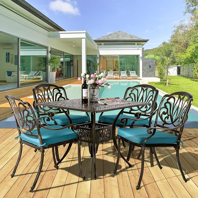 MEETWARM 5-Piece Outdoor Patio Dining Set, All-Weather Cast Aluminum Patio Conversation Set for Backyard Garden Deck with 4 Chairs, 4 Cushions and 35.4" Square Table, 2.2" Umbrella Hole, Ocean Blue