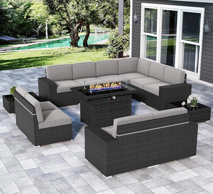 13 Pieces Patio Furniture Set with 44" Propane Gas Fire Pit Table, Outdoor Sectional Wicker Conversation Sofa Sets with Coffee Table