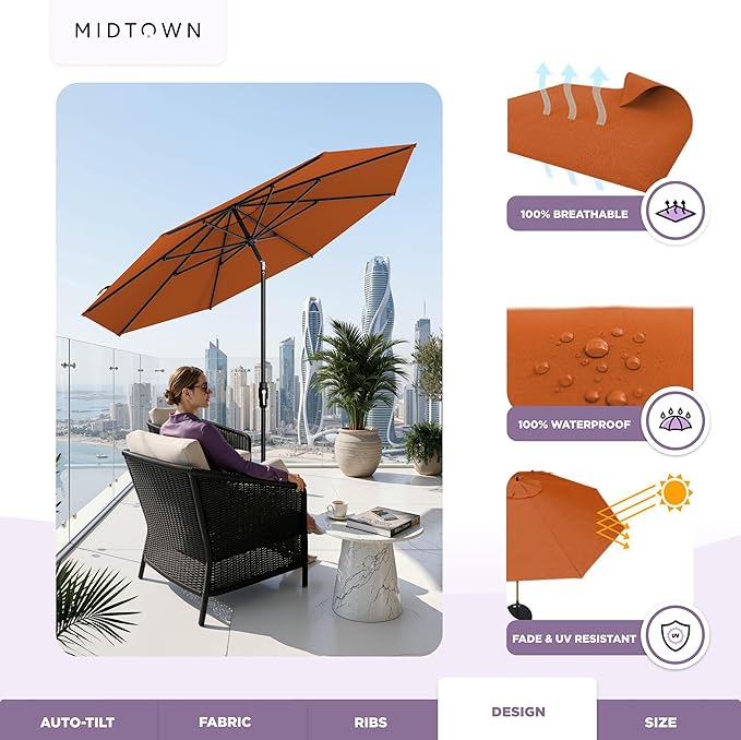 Midtown Umbrellas – The Swilt 10 Ft Patio Umbrella with 360° Swivel & Tilt Mechanism, Sunbrella Fabric & 8 Fiberglass Ribs – Outdoor Umbrella for Deck, Pool & Cafes – Terracotta Canopy, Black Pole