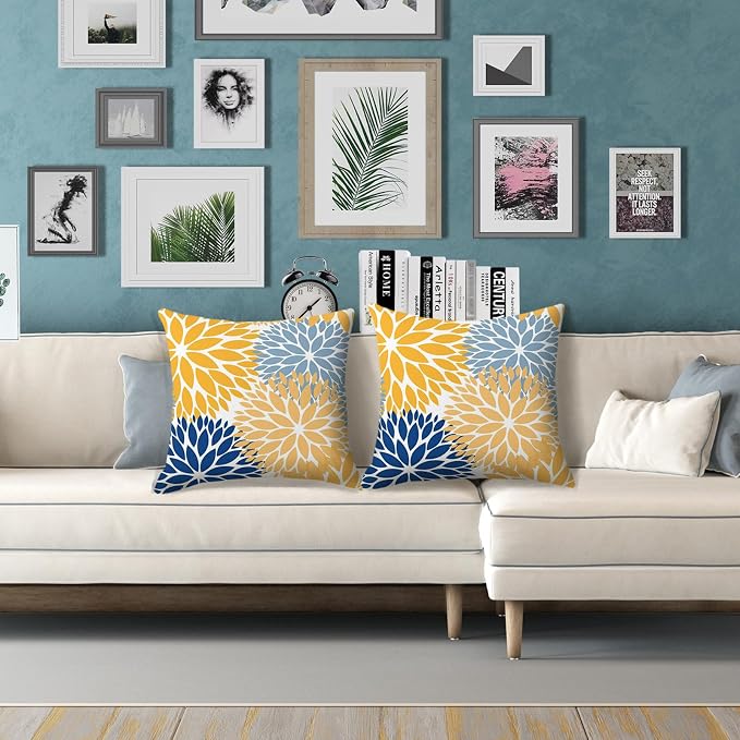 Yellow Throw Pillow Covers 18x18 Inch Set of 2, Floral Waterproof Outdoor Pillow Covers, Boho Farmhouse Decorative Cushion Covers for Spring Summer Patio Furniture
