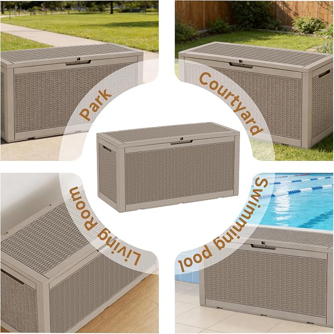 120 Gallon Outdoor Storage Deck Box Waterproof Resin Lockable Outside Bench Porch Patio Furniture Pool Float Garden Tool Cushion UV Resistant Bin Beige