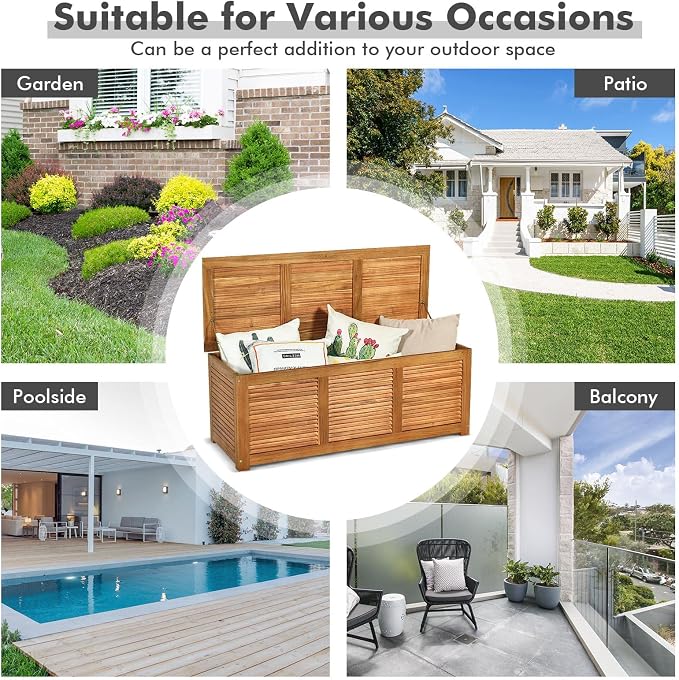 FANTASK 47 Gallon Wooden Deck Box, Outdoor Acacia Wood Garden Backyard Organization, Storage Bench for Patio Furniture Gardening Tools Toys Cushions