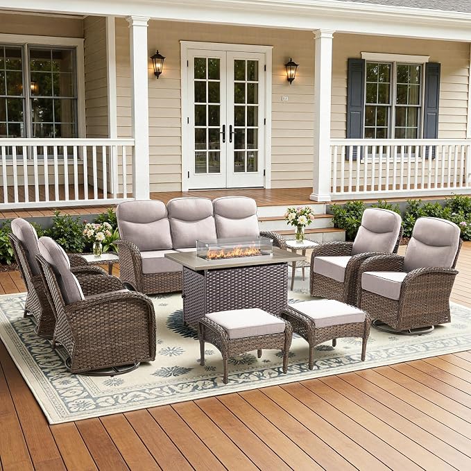 10-Piece Luxury Patio Furniture Set with 42.5" Fire Pit Table, Outdoor Wicker Sofa Couch & Swivel Rocker Chairs with 6-inch Thick Cushion, Conversation Set for Poolside, Deck & Yard - Beige
