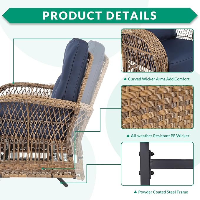 VIVIJASON 4-Piece Outdoor Patio Wicker Conversation Sets, All Weather Outdoor Rattan Furniture Set Includes Glider Loveseat, Coffee Table, 2 Glider Rocker Chairs w/Cushion for Lawn Balcony, Navy Blue
