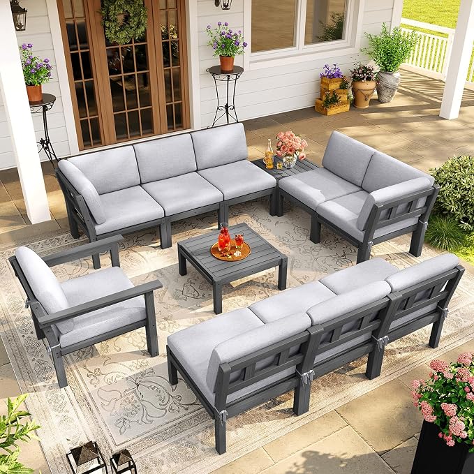 Modular Outdoor Patio Furniture Arm Seat, HIPS All-Weather Outdoor Sectional Sofa with High-Density Thick Cushions, Easy Side Interlock, Patio Seat for Backyard, Balcony, Deck (Grey)