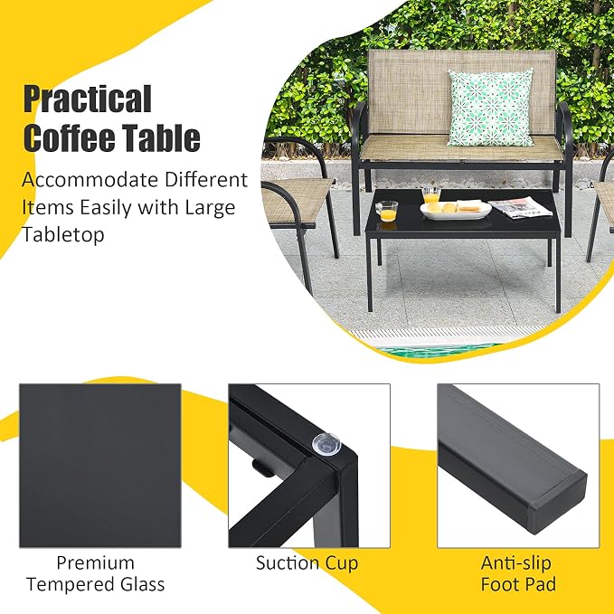 DORTALA 4 Piece Outdoor Furniture Set, Patio Conversation Set with Loveseat, 2 Single Chairs, Patio Sofa Garden Sofa Set with Steel Frame, Ideal for Balcony,Poolside, Brown
