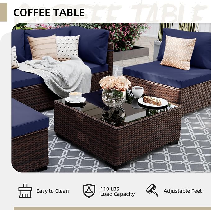 UPHA 5 Pieces Patio Furniture Sets, Wicker Outdoor Sectional Sofa Couch with Coffee Table, Patio Conversation Set for Deck Backyard Garden, Brown Rattan, Navy Blue Cushion