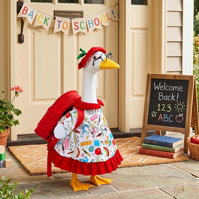 4 Pcs Back to School Porch Goose Outfits, Classroom Student Goose Clothes Set Includes Hat Skirt Backpack and Glasses, Funny School Goose Costume for 23"H Statue Outdoor Garden Yard Patio Lawn Decor