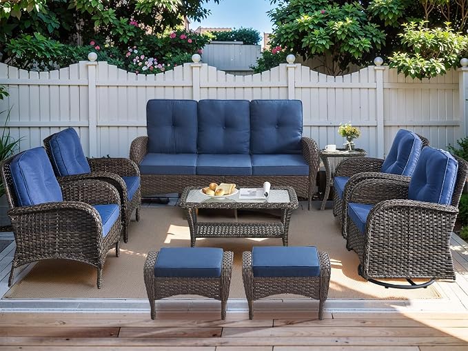 HUMMUH 9-Piece Outdoor Patio Furniture PE Wicker Patio Conversation Set,High Back Patio Couch with Ottomans Coffee Tables Outdoor Chairs for Backyard,Porch,Deck