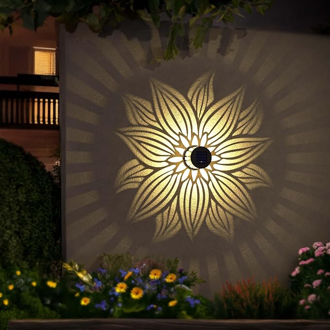 Hapjoy Solar Fence Lights 4 Pack Solar Deck Lamps Outdoor Decorations Powered Step Lights Wall Waterproof LED Warm Decorative Lighting for Garden (Flower, 4)