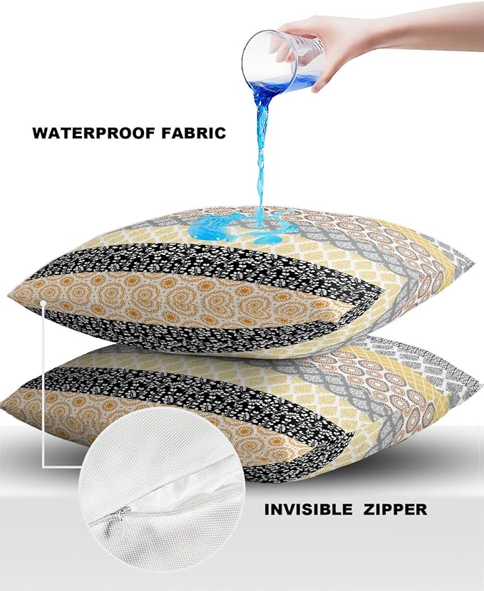 Outdoor Waterproof Throw Pillow Covers Set of 2 Yellow Boho Stripe Tribal Vingtage Lumbar Pillowcases 24x24 Inches Bohemian Style Decorative Pillows Cushion Case Patio Pillows for Couch Bed Garden