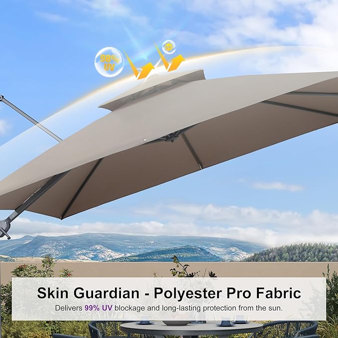 PURPLE LEAF 10 FT Cantilever Patio Umbrella with Light, 220lbs Base Large Square Windproof Offset Umbrella for Pool Deck Garden, Ash Mocha