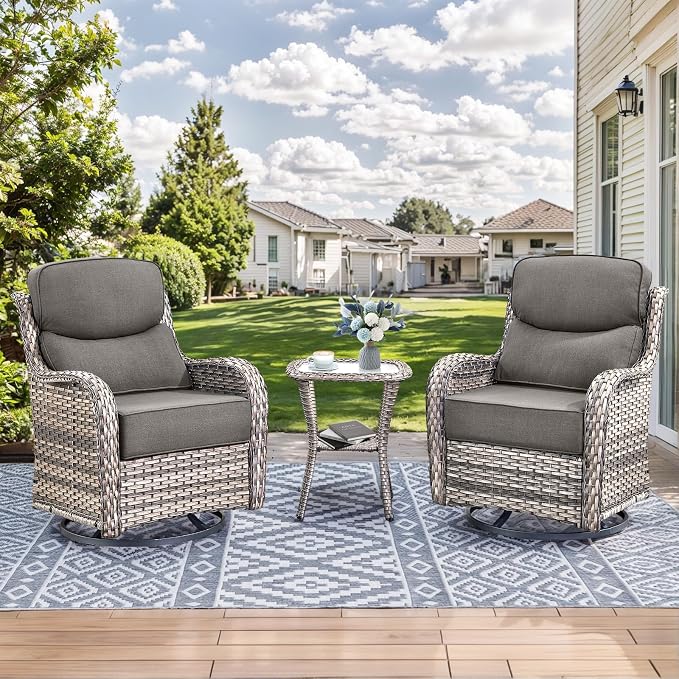 HUMMUH Outdoor Patio Wicker Swivel Rocker Chairs with 6-Inch Thick Cushion High Back 3 PCS Wicker Conversation Set for Porch Balcony Deck