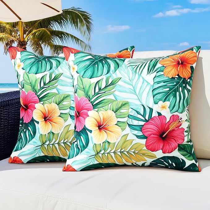 Outdoor Pillow Covers 18x18 Inch Set of 2 Tropical Floral Plants Boho Throw Pillows Cases Waterproof Square Garden Cushion Sham for Patio Funiture Tent Balcony Bench Sofa Couch, Green