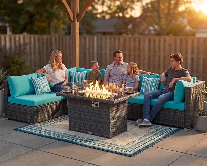 RADIATA 7 Piece Wicker Patio Furniture Set with Fire Pit, All-Weather Outdoor Sectional Couch High Back Large Size, Modular Backyard Seating Sofa Set with Propane/Natural Gas Firepit Table, Grey&Teal