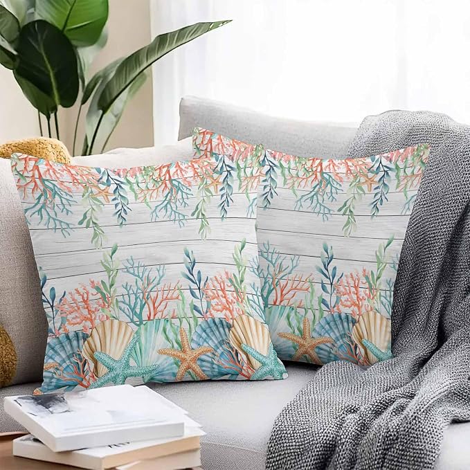 Throw Pillow Covers 24x24 Inch Set of 2, Summer Coastal Waterproof Outdoor Pillow Covers, Nautical Sea Coral Shell Starfish Wood Gray Decorative Cushion Pillowcases for Couch, Sofa, Bed, Garden, Patio
