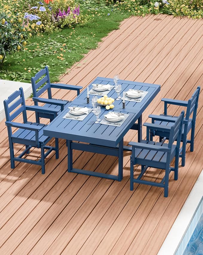 K Knowbody 5-Piece Outdoor Patio Dining Table and Chairs Set, Seats 4 | Steel-Reinforced HDPE, 100 lb/sq ft Load Capacity, 2-Inch Umbrella-Ready Tables, All-Weather, Fade-Resistant, Navy Blue