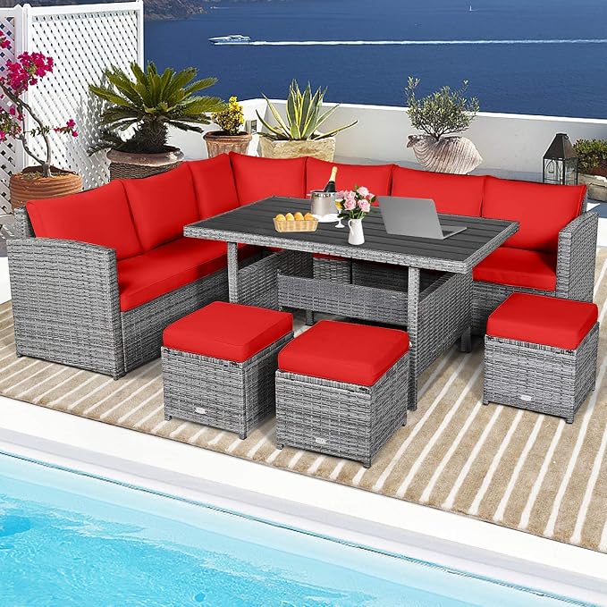 HAPPYGRILL 7 Pieces Rattan Wicker Patio Conversation Set, Outdoor Patio Furniture Set with Cushions, Rattan Sofa Set with Dining Table & Ottomans for Poolside Backyard Balcony Garden (Red)